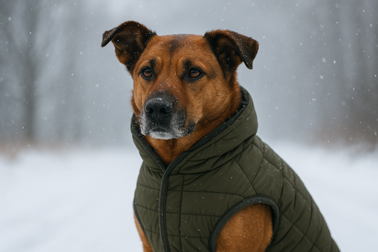 chien brun avec un gilet kaki