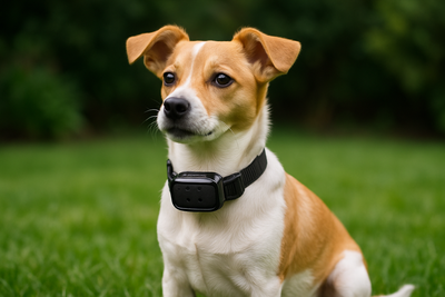 collier pour petit chien anti-aboiement de couleurs blanc et noir. Il porte un collier noir anti-aboiement dans son jardin vert. image pour collection collier pour chien anti-aboiement de boutiquechien