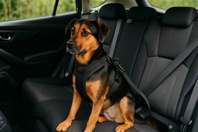 chien brun et noir assis sur le siège arrière d'une voiture avec les sièges noir. Le chien est attaché avec un harnais pour chien noir noir et une ceinture noir pour chien. Image collection boutiquechien