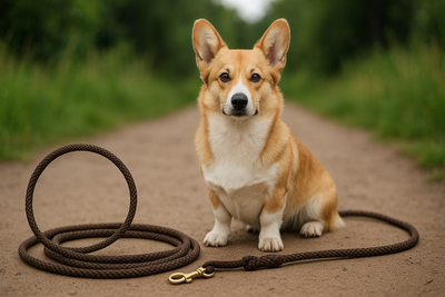 petit chien assis sur un chemin en gravier boiser. Il est assis à côté de sa laisse lasso de couleur brune. Image collection laisse lasso pour boutiquechien