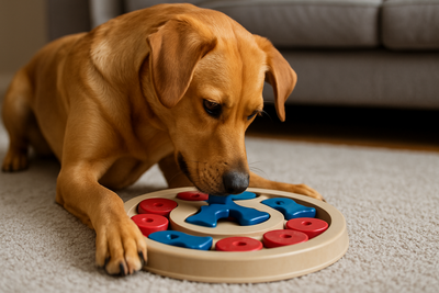 chien brun jouant à un puzzle à friandise pour chien exprès pour les chiens. Il joue dans le salon avec un puzzle pour chien. l'image sert pour la collection puzzle pour chien de boutiquechien
