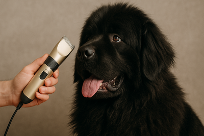 terre neuve noir avec une tondeuse électrique filaire argenté attendant pour se faire tondre les poils avec la tondeuse. Image pour collection tondeuse pour chien de boutiquechien