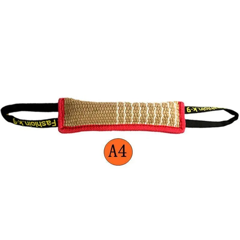 baton de morsure pour chien de couleur rouge et lanière noir avec écriteau jaune. Image produit Boutiquechien