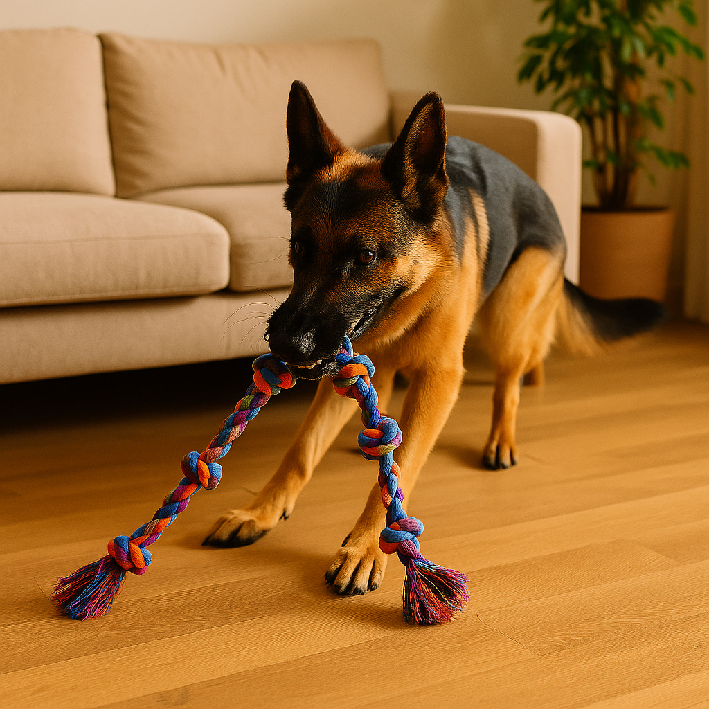 Berger allemand jouant avec son jouet en corde résistant. Le chien joue dans son salon avec un canapé blanc et un pot de fleur. Image produit Boutiquechien