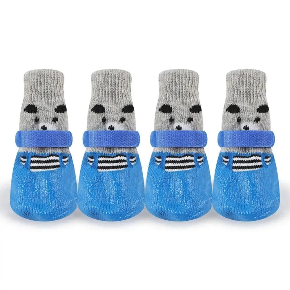 Chaussette botte pour chien de couleur gris et bleu avec des oursons dessus. Image produit Boutiquechien