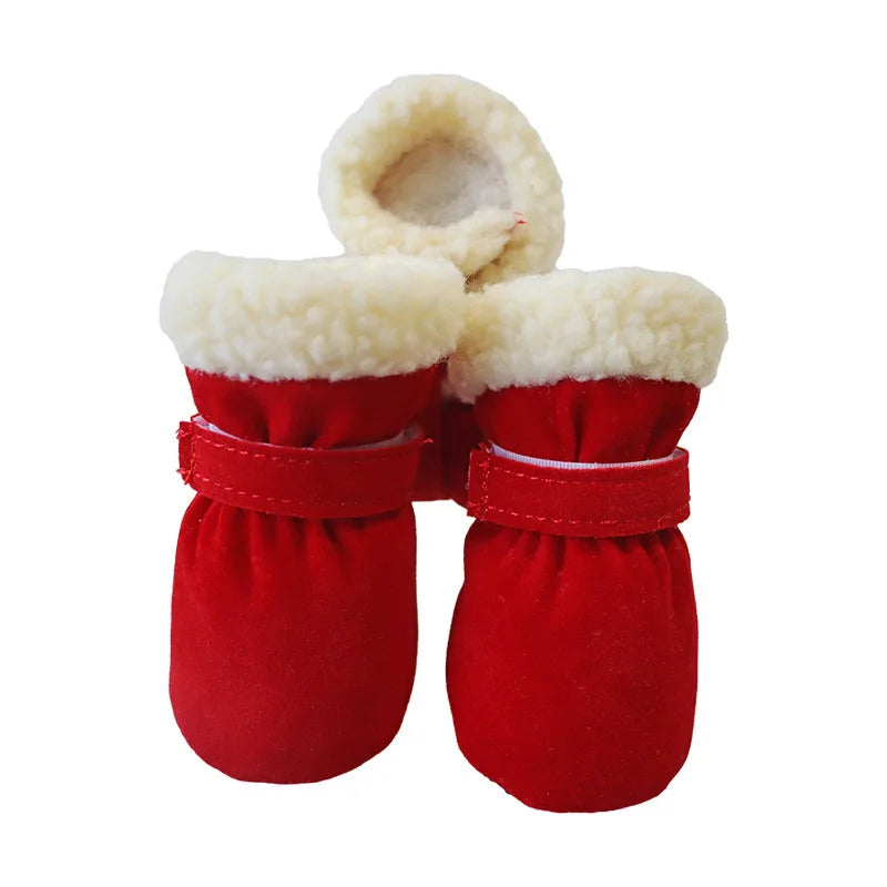 Bottes pour chiens d'hiver de couleur rouge avec du rembourrage blanc. Image produit Boutiquechien