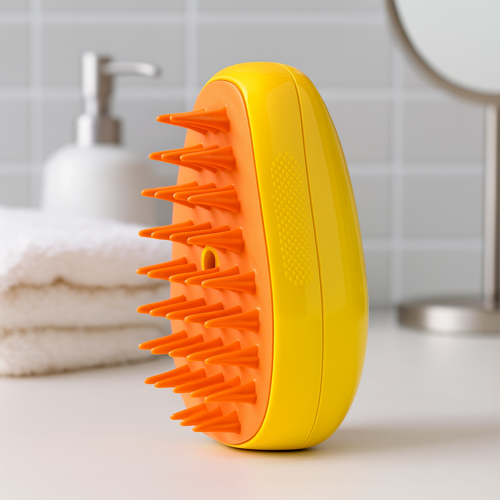 Brosse à vapeur pour chien de couleur orange posé à la verticale dans une salle de bain de couleur grise avec en fond une serviette et un pousse mousse. Image Produit boutiquechien