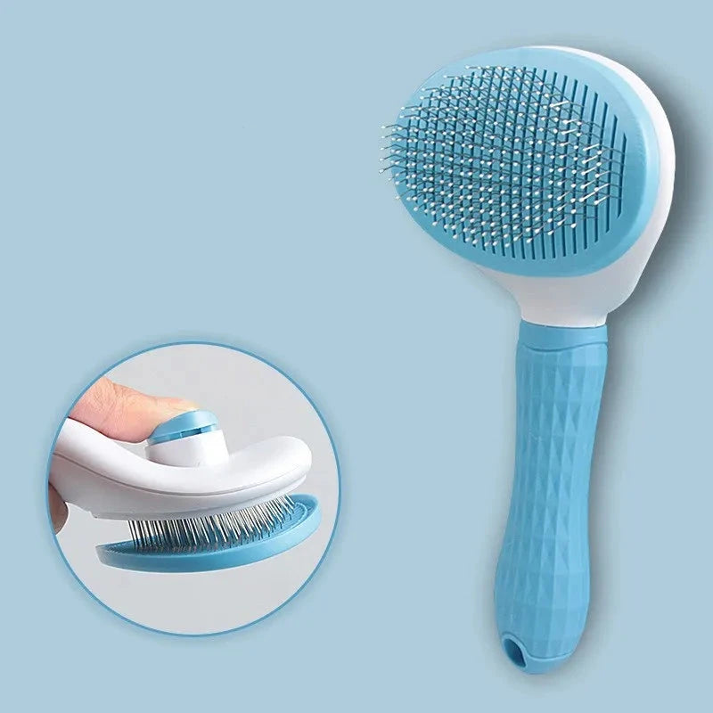 Brosse pour chien de couleur bleu et blanc avec un poussoir poil de boutiquechien