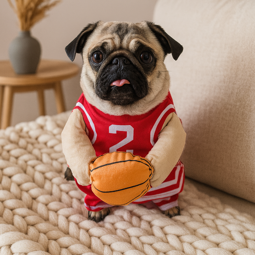Buldog blanc et noir portant un déguisement pour chien de basketteur de couleur rouge. Le chien est sur un canapé gris avec un meuble en bois. Image produit Boutiquechien