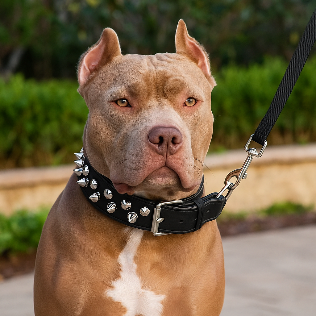 Buldog se prenant dans la rue avec un collier chien à pique de couleur noir tiré par une laisse noir. Image produit Boutiquechien