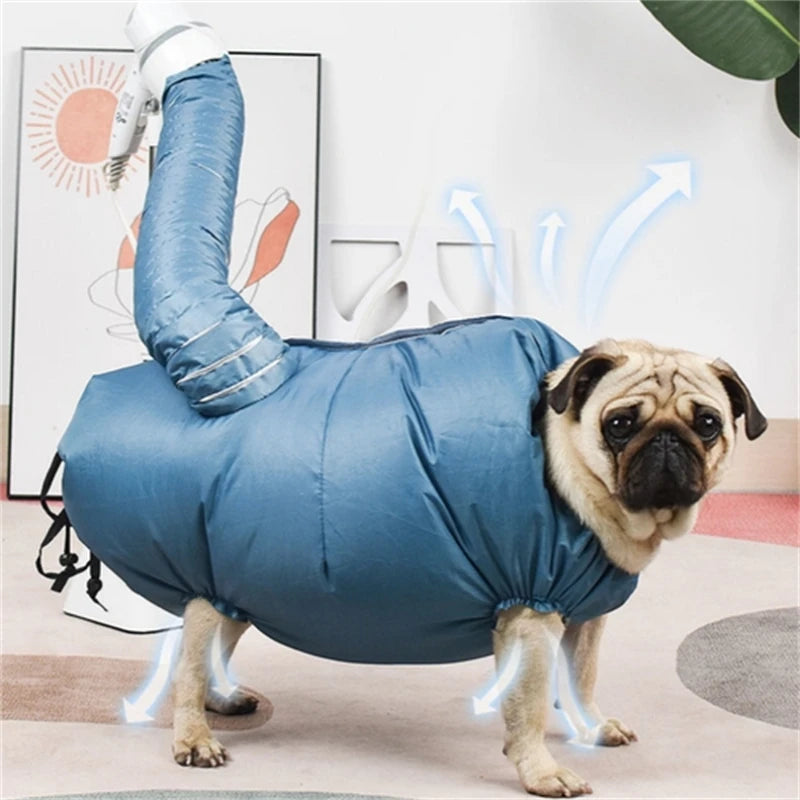 buldog dans un sac de séchage pour chien. Le sac est de couleur bleu et le chien lui est blanc et noir. Image produit Boutiquechien