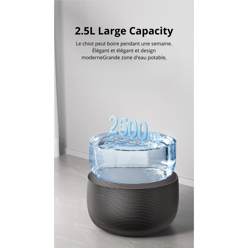 Capacité de stockage d'eau pour la fontaine automatique d'eau pour chien. La capacité est de 2500Ml. Image produit Boutiquechien