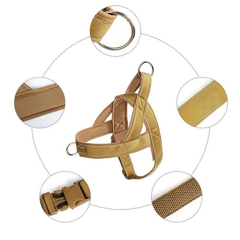 Caractéristique du harnais pour gros chien  ultra résistant et pratique. Harnais anti traction de couleur beige pour maintenir votre chien. Image produit Boutiquechien