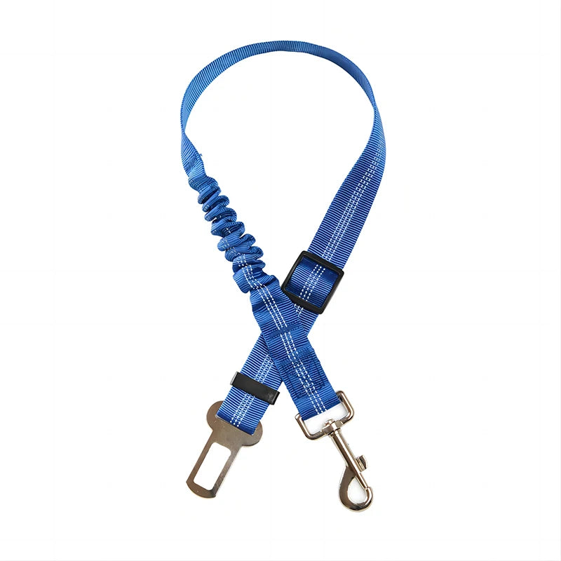 Ceinture de sécurité pour chien de couleur bleu élastique avec embout métallique. Image produit Boutiquechien