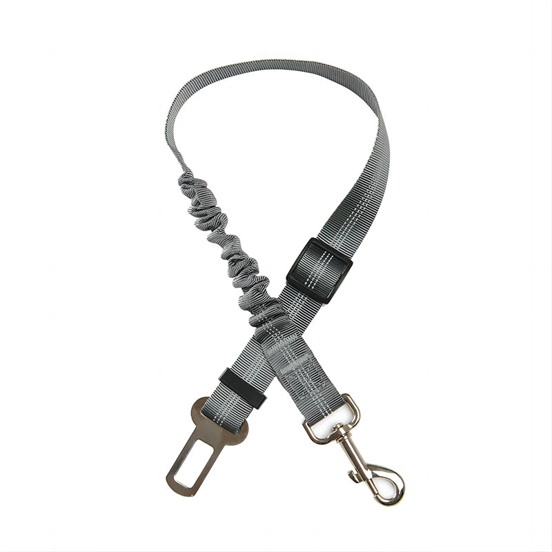 Ceinture de sécurité pour chien de couleur gris élastique avec embout métallique. Image produit Boutiquechien