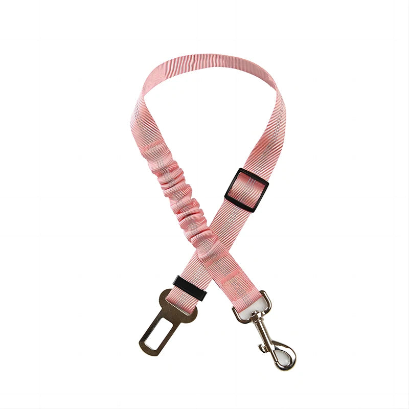 Ceinture de sécurité pour chien de couleur rose élastique avec embout métallique. Image produit Boutiquechien
