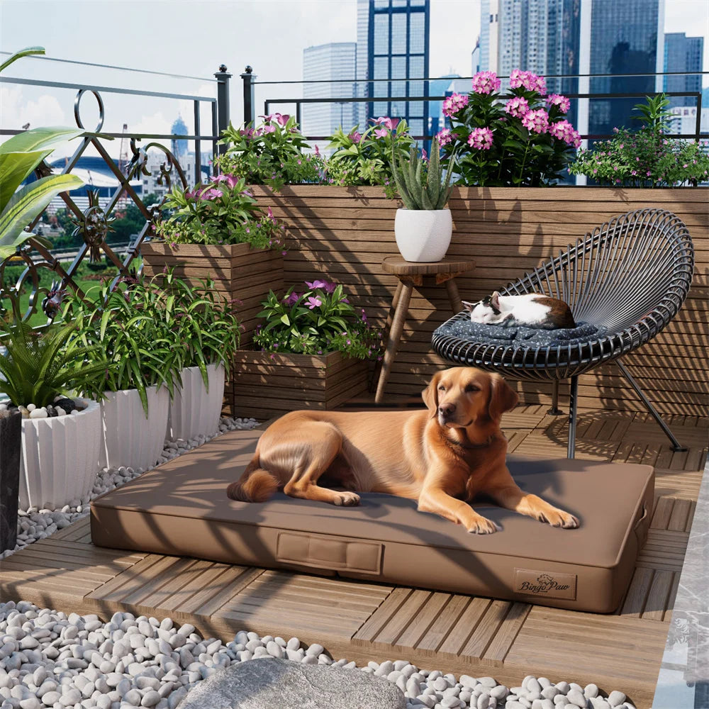 Tapis chien design de couleur brun pisé sur une terrasse luxueuse avec des plantes vertes et du bois. Le chien est est de couleur brun et il est couché sur le tapis. Image produit Boutiquechien