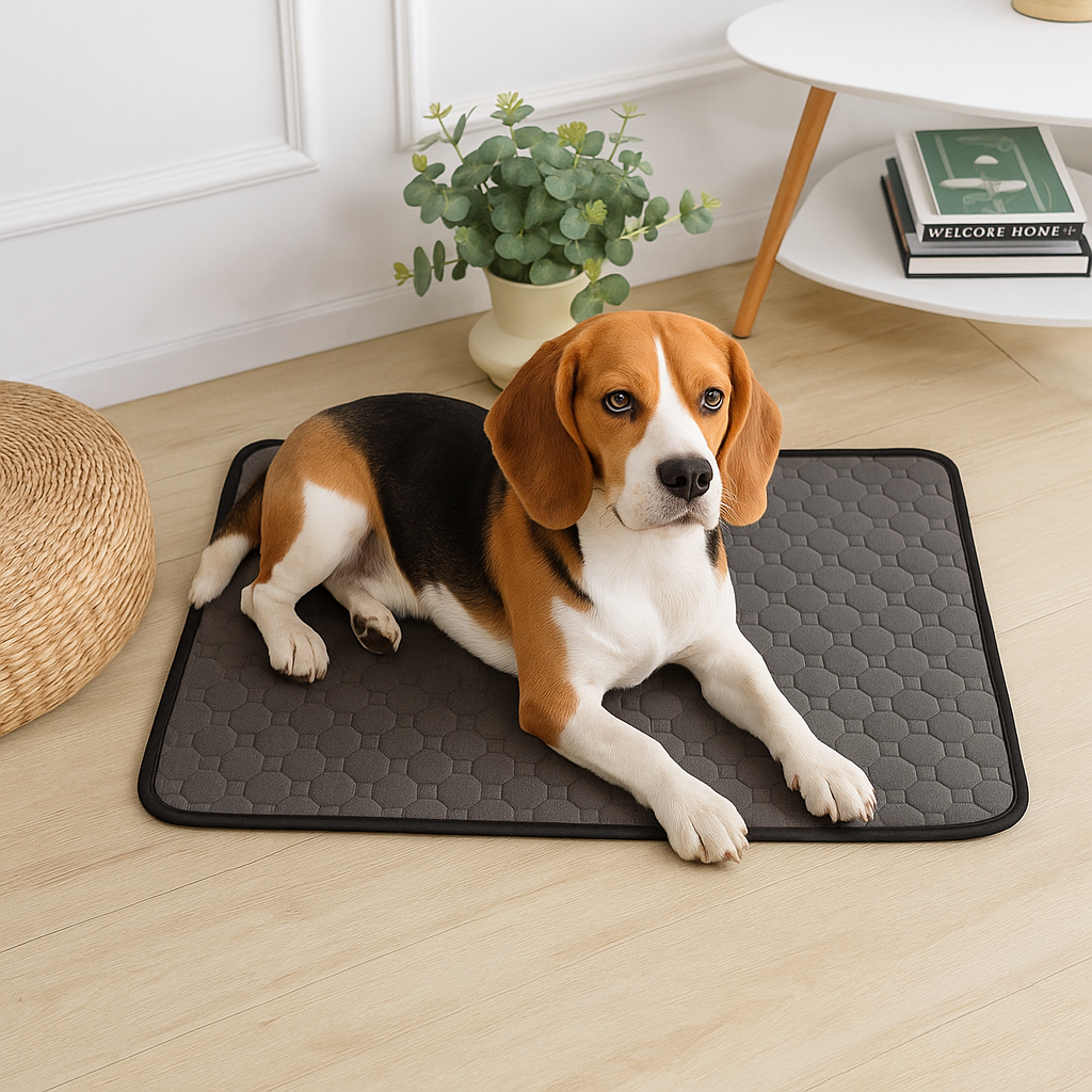 Chien brun et blanc couché sur un tapis chien ultra absorbant avec en fond une plante verte et une table basse. Image produit Boutiquechien