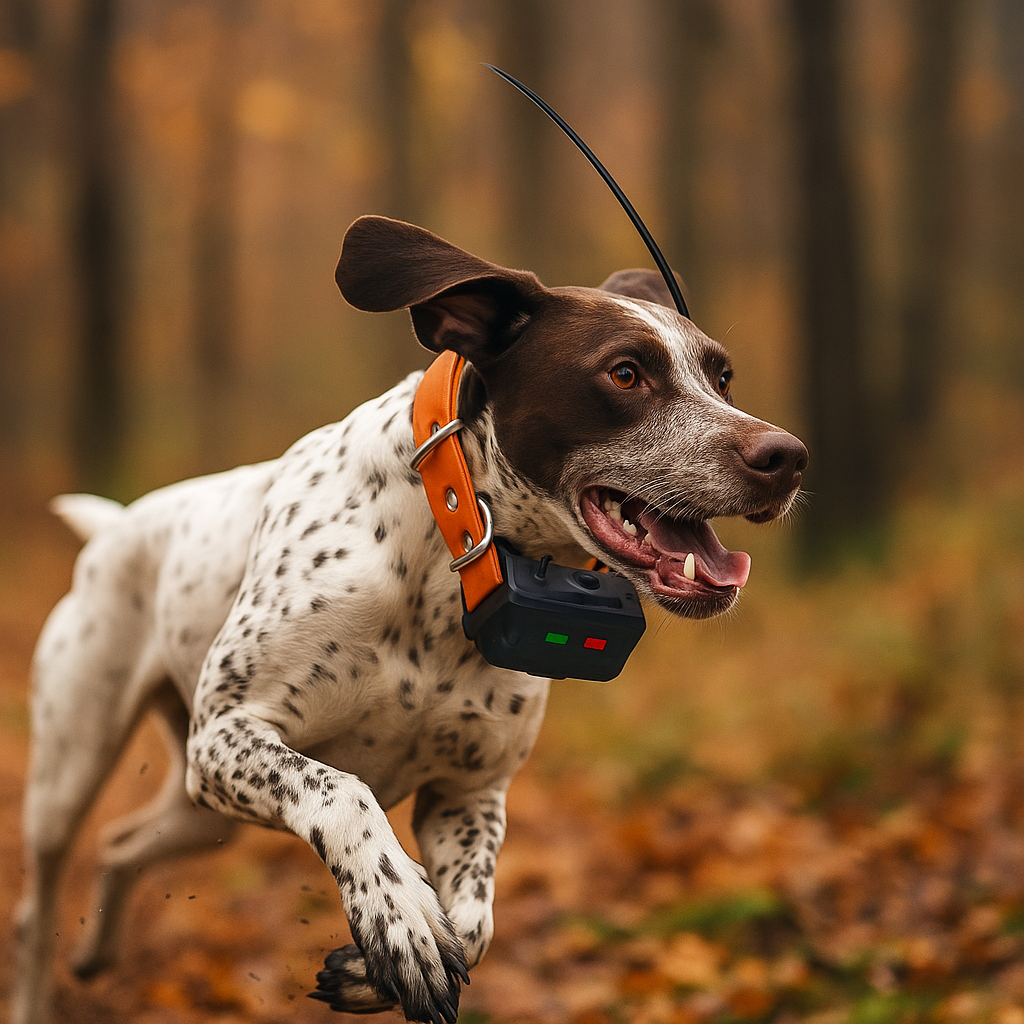 chien de chasse courant dans les bois avec un collier gps sans abonnement. Image produit Boutiquechien