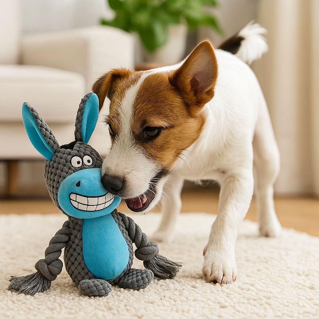 Chien blanc et brun jouant avec sa peluche âne chien avec en fond un canapé chien blanc et une plante verte. Image produit Boutiquechien