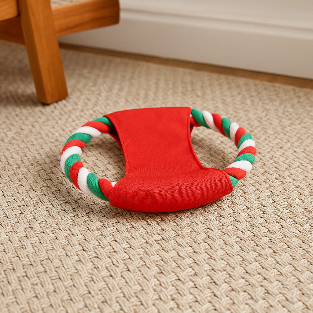 Chien au couleur de Noël jouant avec son disque en corde. Image produit Boutiquechien