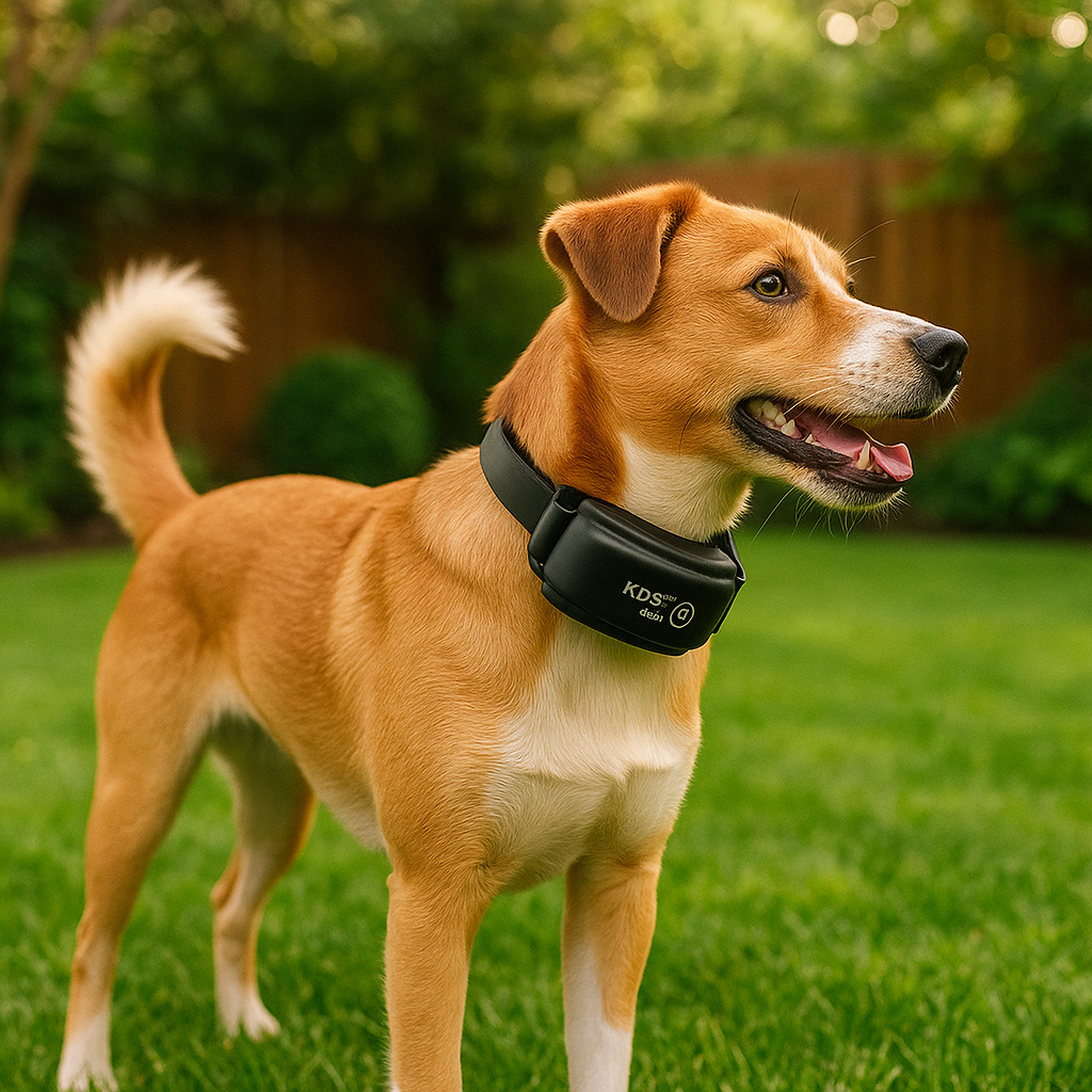 Collier chien anti fugue de couleur noir. Le chien est debout dans son jardin avec le collier chien noir anti fugue autour du cou. Image produit Boutiquechien