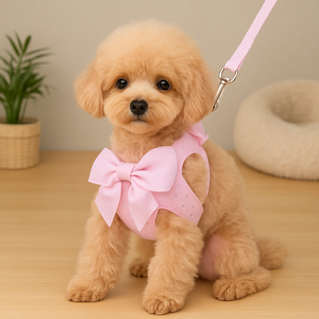 Harnais chiot de couleur rose avec un petit chien beige portant le harnais chiot. Le chiot porte un harnais rose avec un noeud papillon rose de Boutiquechien