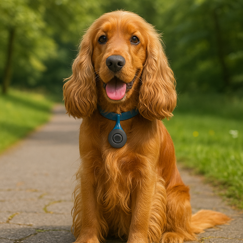 Cocker roux portant le collier anti tique et puce gris. Le chien est assis sur un chemin de forêt. Image produit Boutiquechien