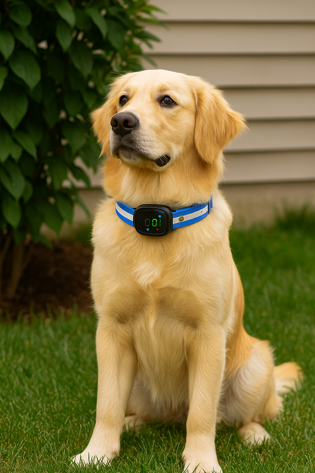 Collier chien anti aboiement sur un golden retriever. Le chien est posé dans son jardin. Image produit Boutiquechien