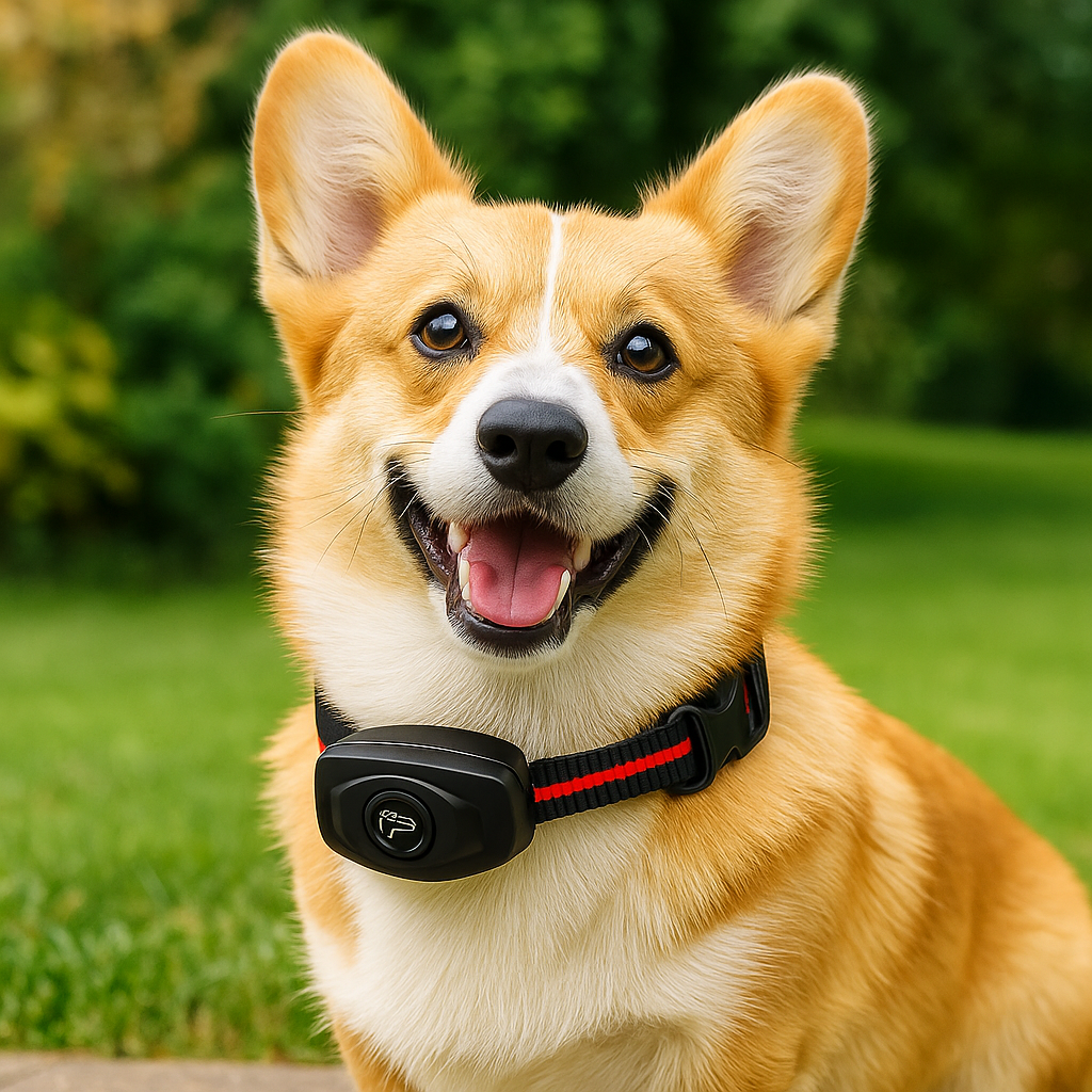 collier d'entraînement chien sur un corgi assis dans un jardin verdoyant. Image produit Boutiquechien
