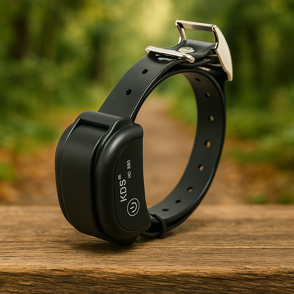 Collier chien anti fugue de couleur noir. Le collier chien est posé sur un tronc d'arbre dans les bois. Image produit Boutiquechien