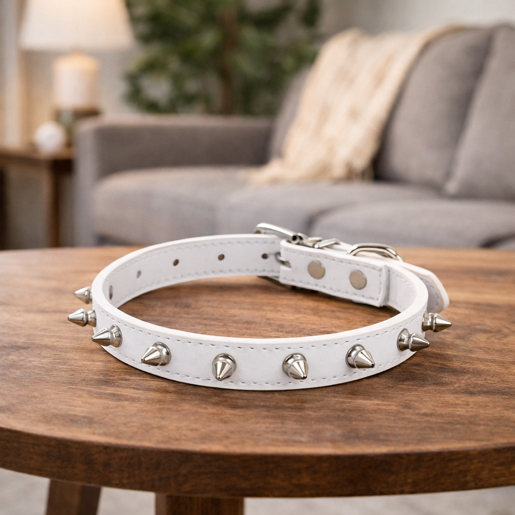 Collier chien cuir blanc sur une table blanche
