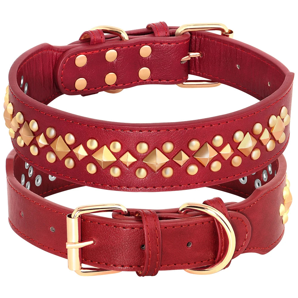collier pour chien en cuir de couleur rouge avec des perles sur le collier. Image produit Boutiquechien