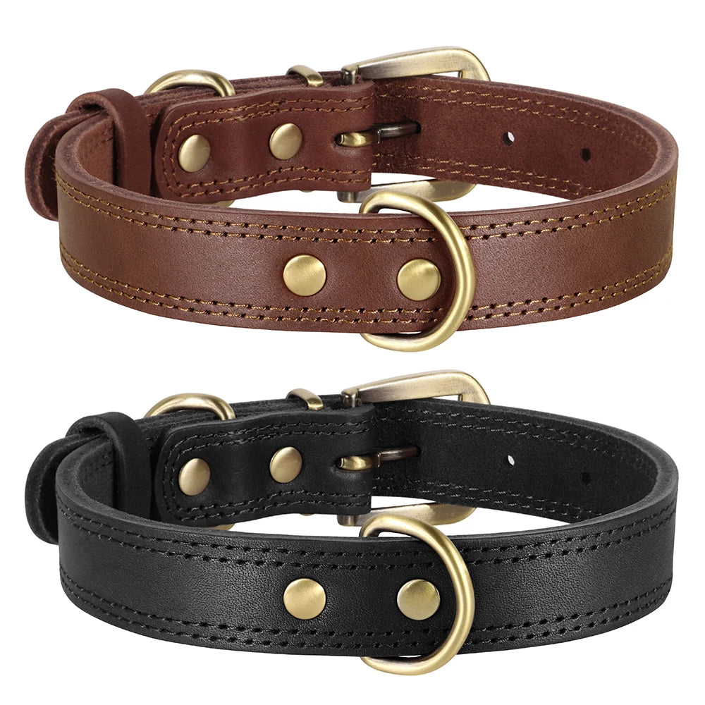 Collier cuir pour chien de couleurs brun et noir. Les attaches sont métalliques. Image produit Boutiquechien