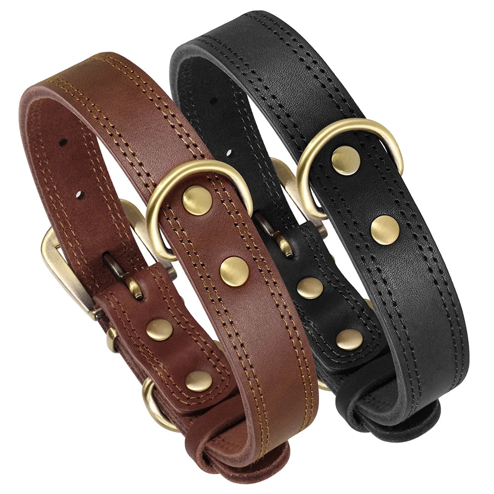 collier en cuir pour chien de couleurs brun et noir avec des parties métallique. Image produit Boutiquechien