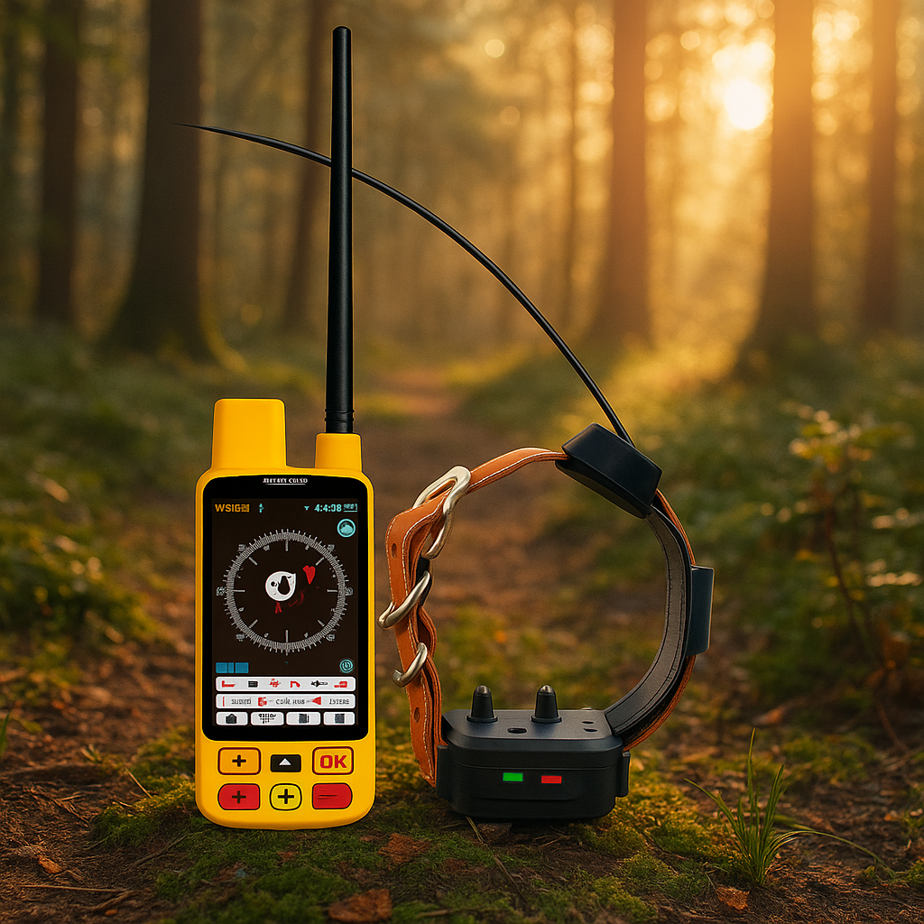 Collier chien orange de couleur noir avec gps et télécommande jaune. Image produit Boutiquechien