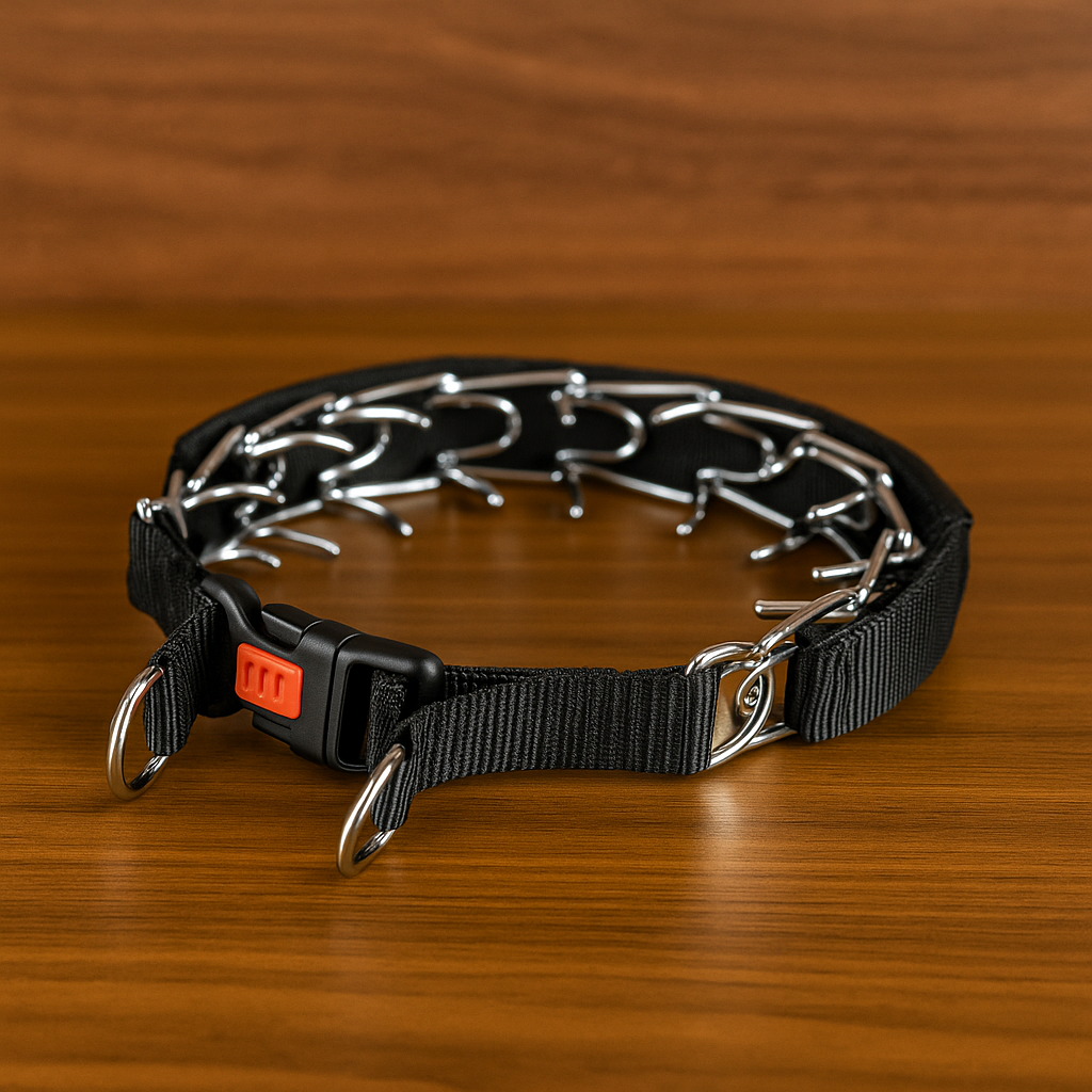 Collier chien de couleur noir posé sur une table en bois. Le collier chien est noir avec les parties en métal gris. Image produit boutiquechien