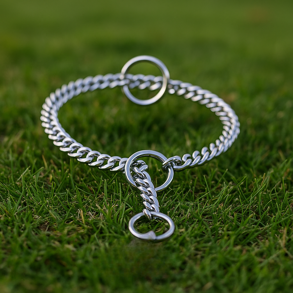 Collier chien en métal posé dans l'herbe verte. Image produit Boutiquechien