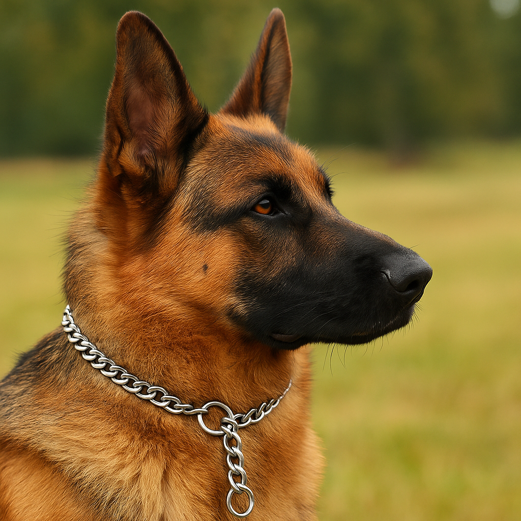 collier chien étrangleur en métal sur un berger allemand. le chien est assis dans l'herbe près d'un bois. Image produit Boutiquechien