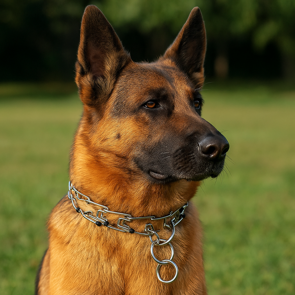collier chien étrangleur de couleur gris sur un berger allemand de couleur brun. Image produit Boutiquechien
