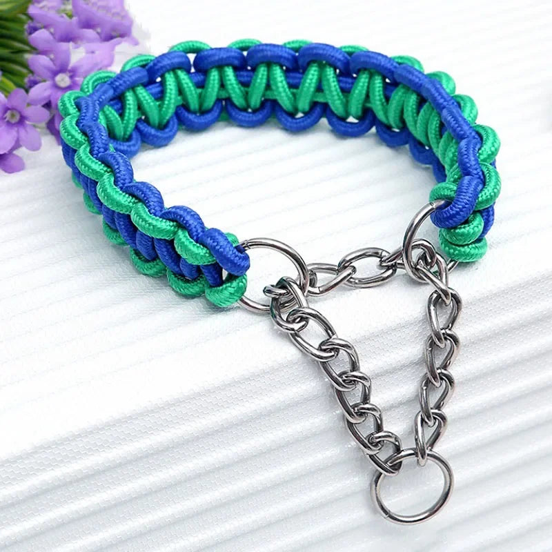 Collier chien étrangleur de couleur bleu et vert en nylon . Image produit Boutiquechien