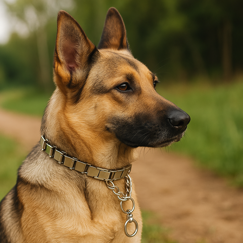 Malinois portant un chien étrangleur de couleur gris. Le chien est assis dans les bois sur un chemin en terre. Image produit Boutiquechien