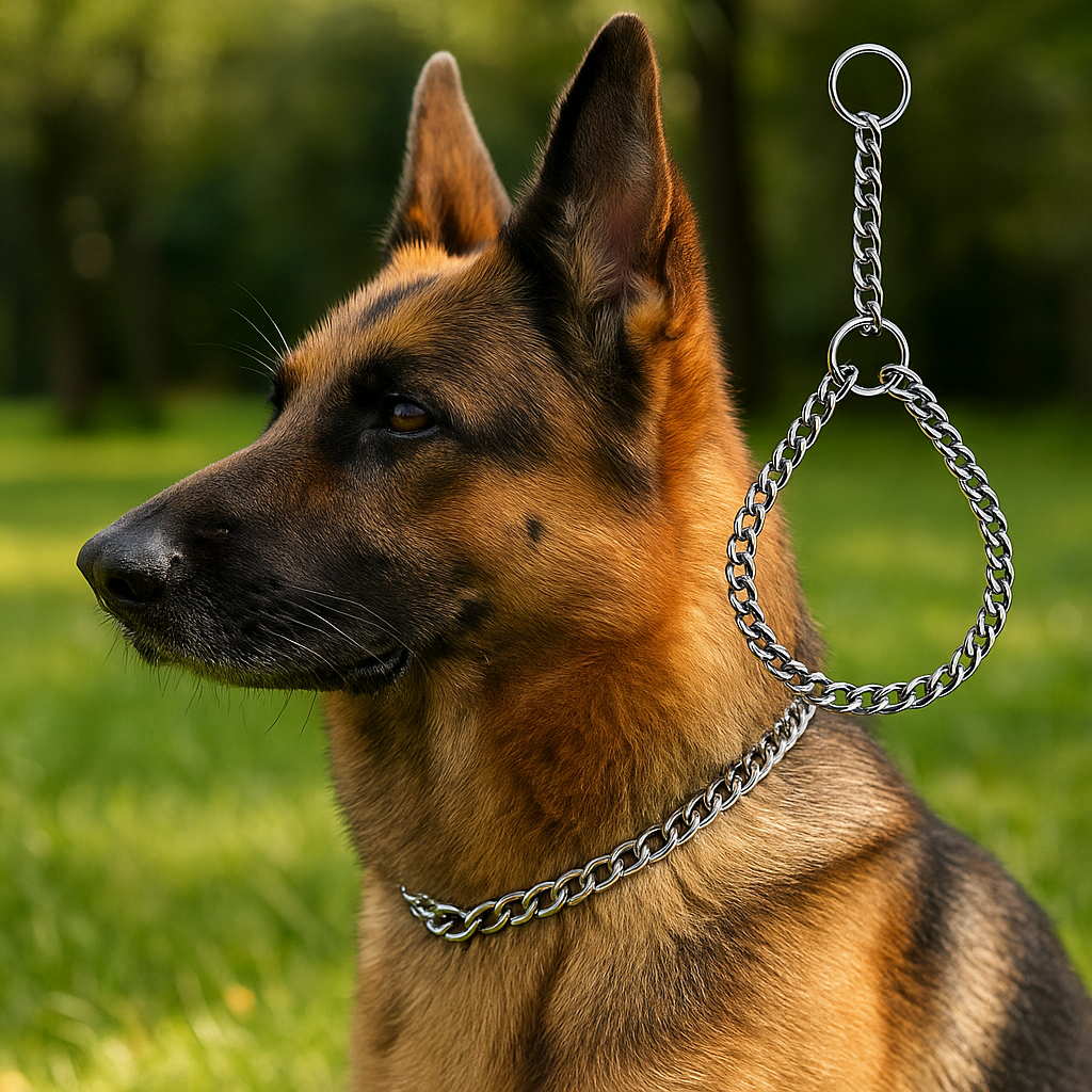 collier chien étrangleur en métal dans un espace vert. Image produit Boutiquechien