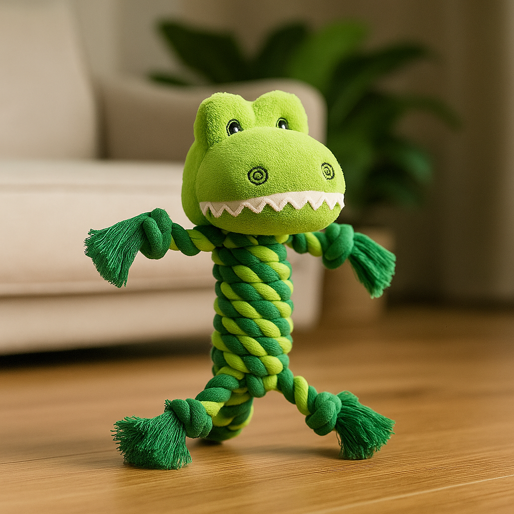 crocodile de couleur vert posé dans un salon de couleur claire. Le canapé blanc en fond à côté d'une plante verte. Image produit Boutiquechien