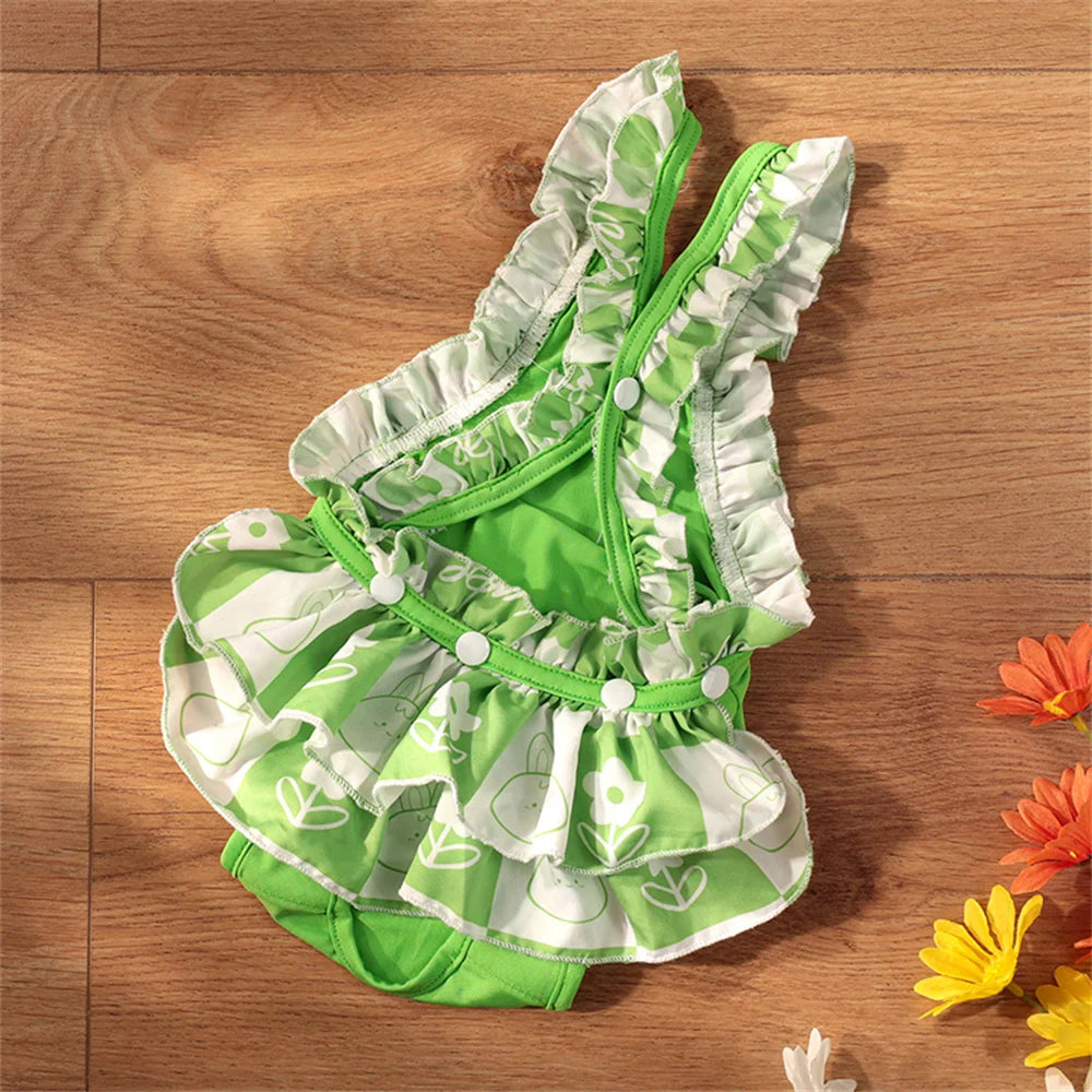 Culotte tutu pour les chiens de couleurs vert posé sur un sol en bois. Image produit Boutiquechien