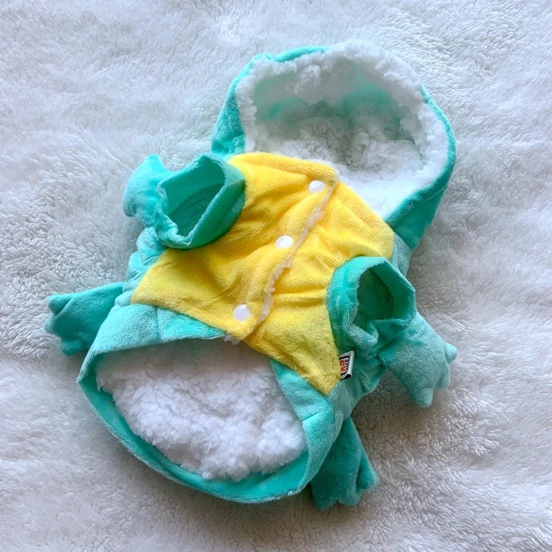 Déguisement pour chien turquoise et jaune dans un fond blanc. Imager produit Boutiquechien