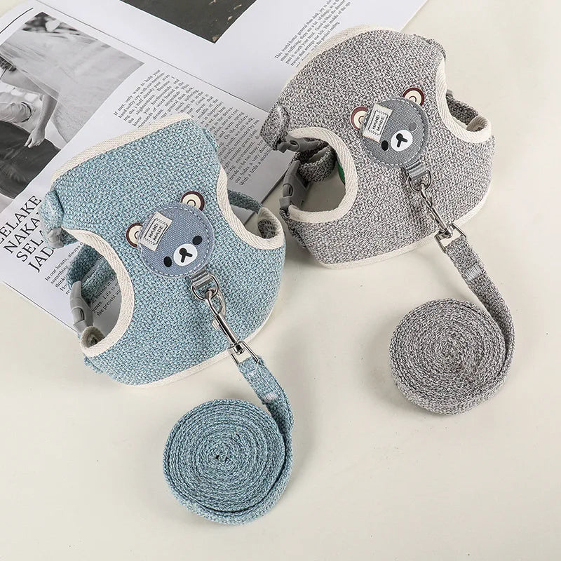 Deux Harnais chien de couleur gris et bleu avec ourson de couleur gris. Image produit Boutiquechien