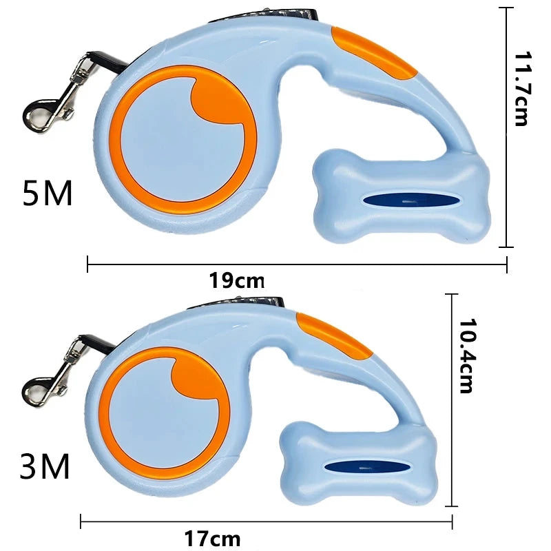 Laisse enrouleur orange et bleu, dimensions total de la laisse enrouleur bleu et orange de 19 à 17 cm de Boutiquechien
