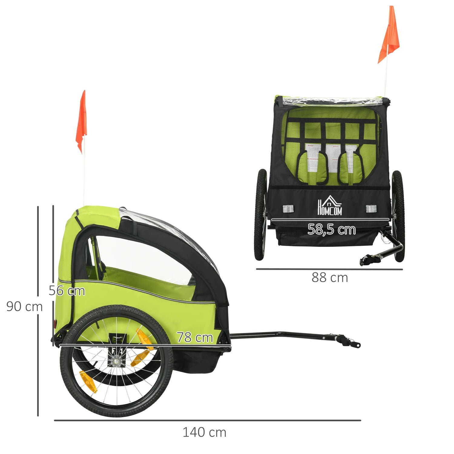 Dimension de la remorque de vélo de couleur vert et noir de 140cm de long. Image produit Boutiquechien