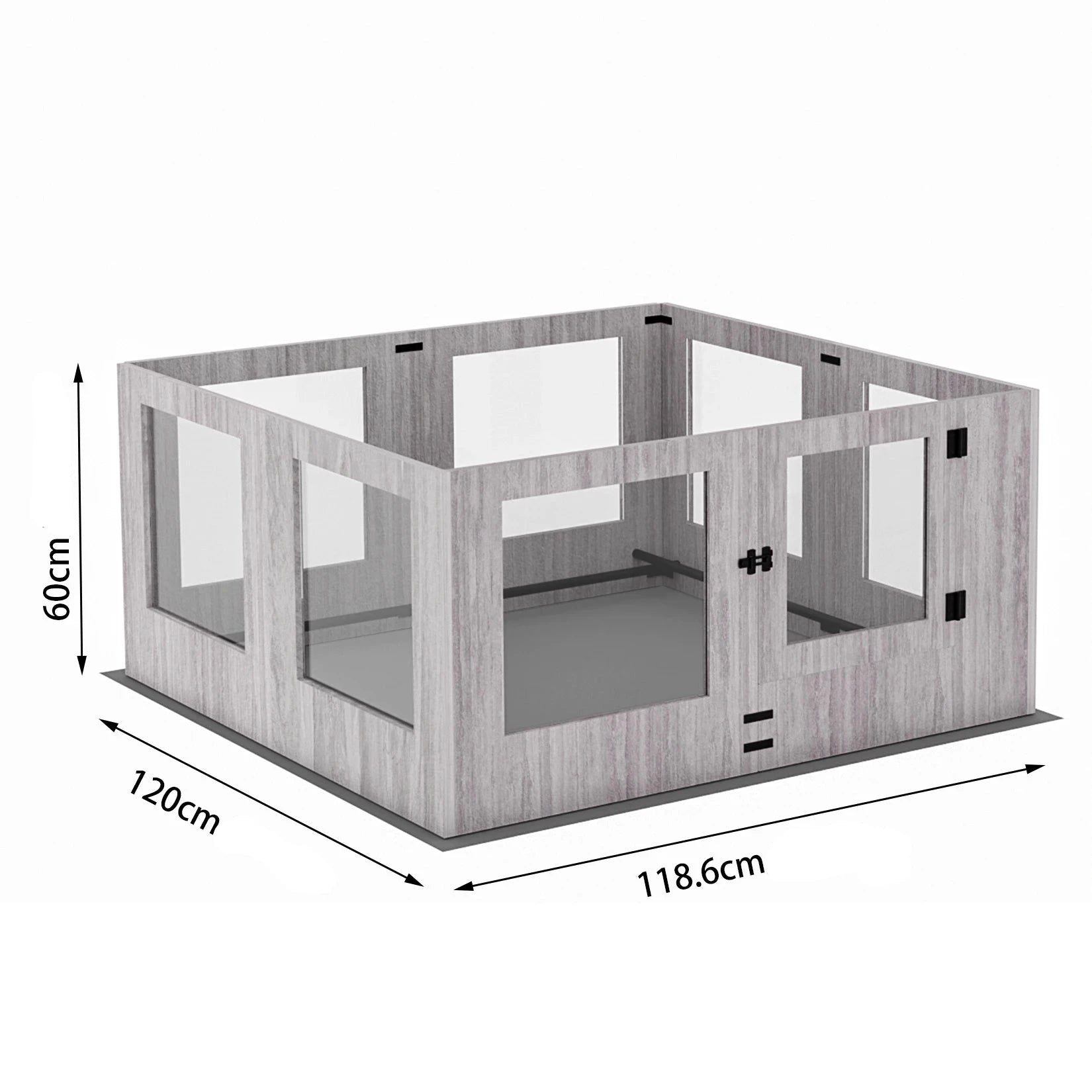 dimension total de la cage pour chien de couleur gris avec les dimensions total du produit. Image produit Boutiquechien